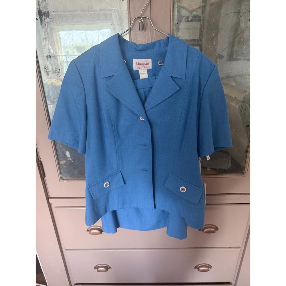 Vintage 80s Henry Lee Petites Skirt Suit Blue Short Sleeve 2-Piece Blazer Set